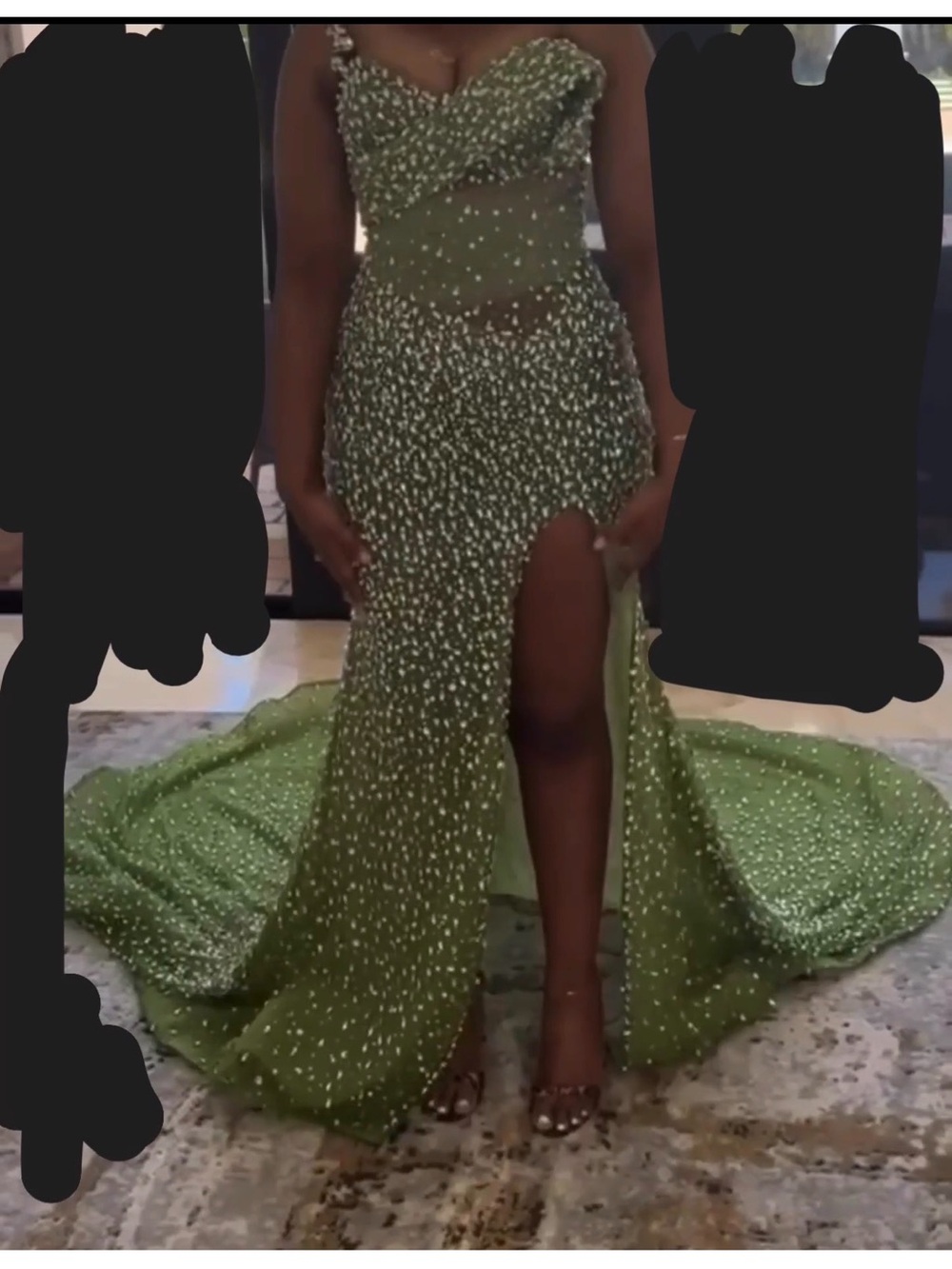 Olive Green Embellished Prom Gown with High Slit, Custom made/Handmade